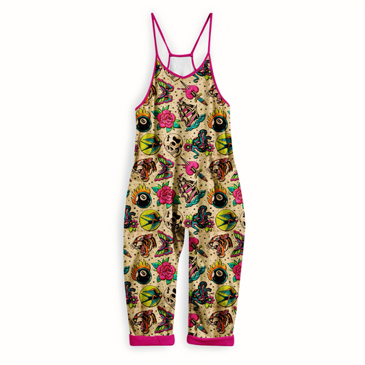 Kids + Adult: Retro Neon Jerry Tattoo Bamboo Traditional Tattoo Overalls! Sparrow, Skull, Ship!