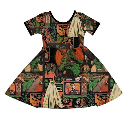 Kids + Adult--Moody Retro Halloween Bamboo Twirl Dress.  80s TV, Vintage Witch + cauldron + creature + michael! Retro ghosts! 80s TV magic