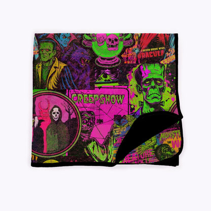 Creepshow Neon Pink + Green Vintage Retro Halloween - spooky characters Quilted 2.5 Tog Bamboo Blanket! 3 Sizes! Bat Shaped Mini, Toddler, Adult!