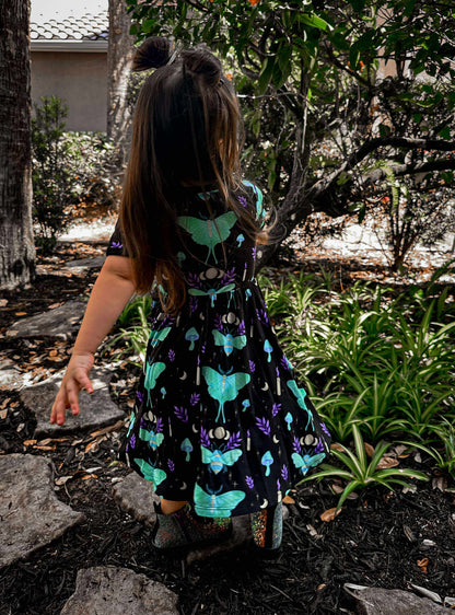 NEW Ready to Ship--Adult + Kid-- Light the Way Lunar Moth + Bee Witchy Black and Teal Bamboo Twirl Dress!