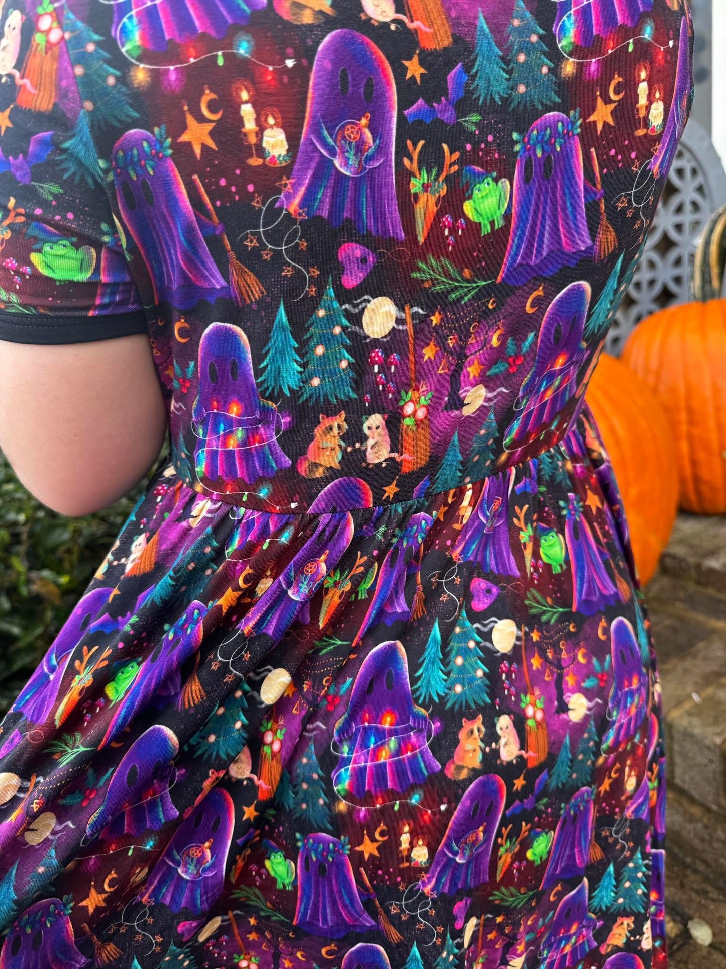 Ready to Ship-Adult + Kids Magical Yule be Making Spirits Bright Whimsical Holiday Bamboo Dress! Yule Forest + Ghosties + Forest Friends! YULE TWIRL