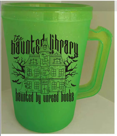 NEW PRODUCT! 90s Lime Green "The Haunted Library" Retro BPA Free Plastic Traveler Mugs!