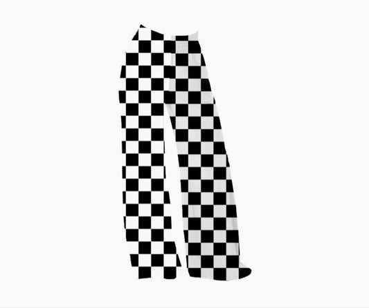 Adult:  Solid Black + White Check +y2K Girl Wide Leg Bamboo Pants! Summercore!