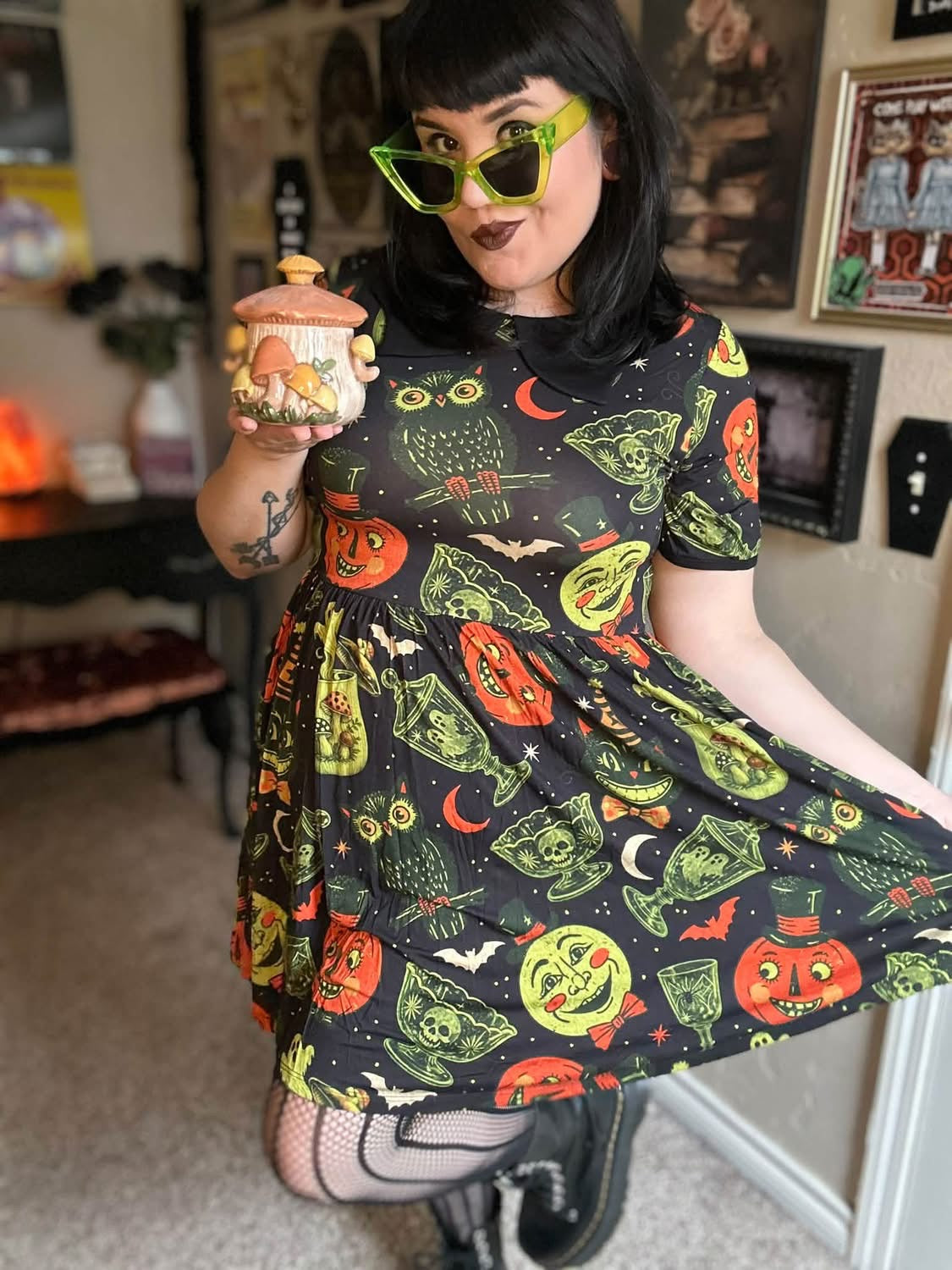 Ready to Ship -Kids + Adult-- Vintage Halloween Black Thriftcore Spooky Home Bamboo Twirl with BAT collar! Vintage Halloween + Merry Mushroom! BLACK