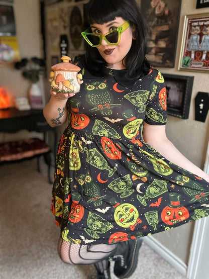 Ready to Ship -Kids + Adult-- Vintage Halloween Black Thriftcore Spooky Home Bamboo Twirl with BAT collar! Vintage Halloween + Merry Mushroom! BLACK