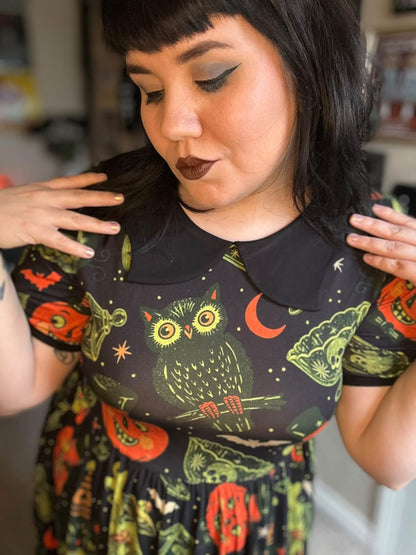 Ready to Ship -Kids + Adult-- Vintage Halloween Black Thriftcore Spooky Home Bamboo Twirl with BAT collar! Vintage Halloween + Merry Mushroom! BLACK