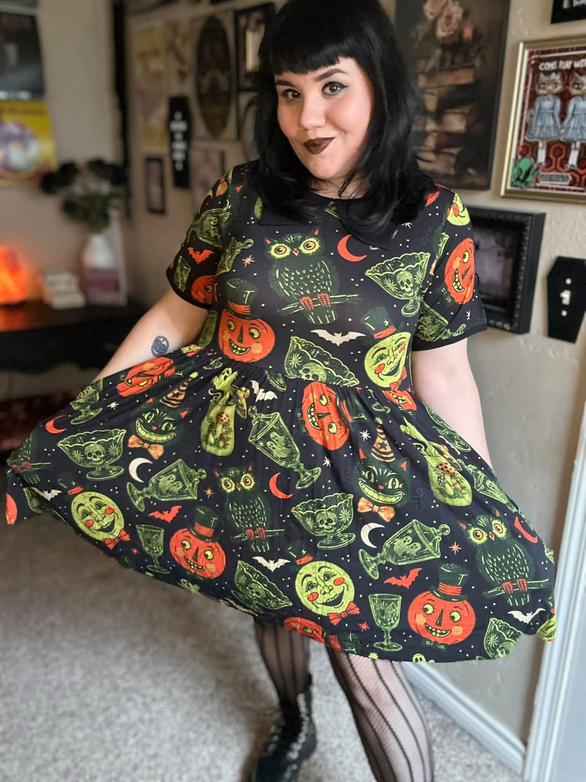 Ready to Ship -Kids + Adult-- Vintage Halloween Black Thriftcore Spooky Home Bamboo Twirl with BAT collar! Vintage Halloween + Merry Mushroom! BLACK