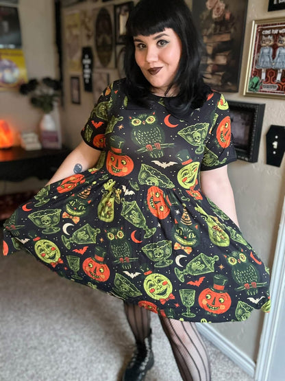 Ready to Ship -Kids + Adult-- Vintage Halloween Black Thriftcore Spooky Home Bamboo Twirl with BAT collar! Vintage Halloween + Merry Mushroom! BLACK