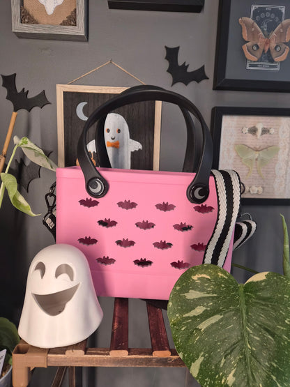 Pastel Goth Pink Batty Hag Bag w/ Bat cut outs! Burton Shoulder Strap! All bats! Pastel pink!