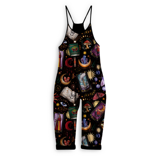 Kids + Adult Soft Goth + Witchy Manifest Black Bamboo Overalls. Tarot + Moons + Grimoire