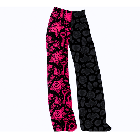 Adult: Trad Tattoo Love + Spooky Leopard Duo Print Ghoulchella wide Leg pants! Pink + Black! 3 inseams! Trad Floral + Love!