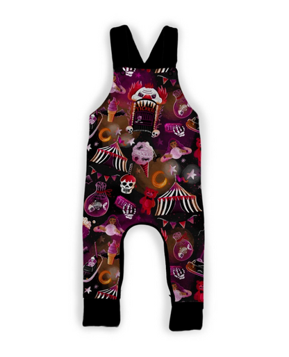 Ready to ship -Spooky Carnival Overalls! Hipster Kiddo! Clowns + Spooky Snacks!