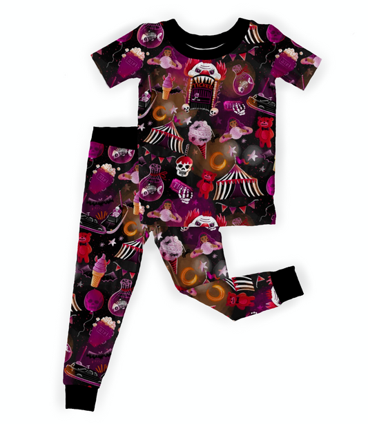 Ready to ship -Spooky Carnival Two Piece Bamboo Set! Creepy Clown + Hearse Bumper Cars!