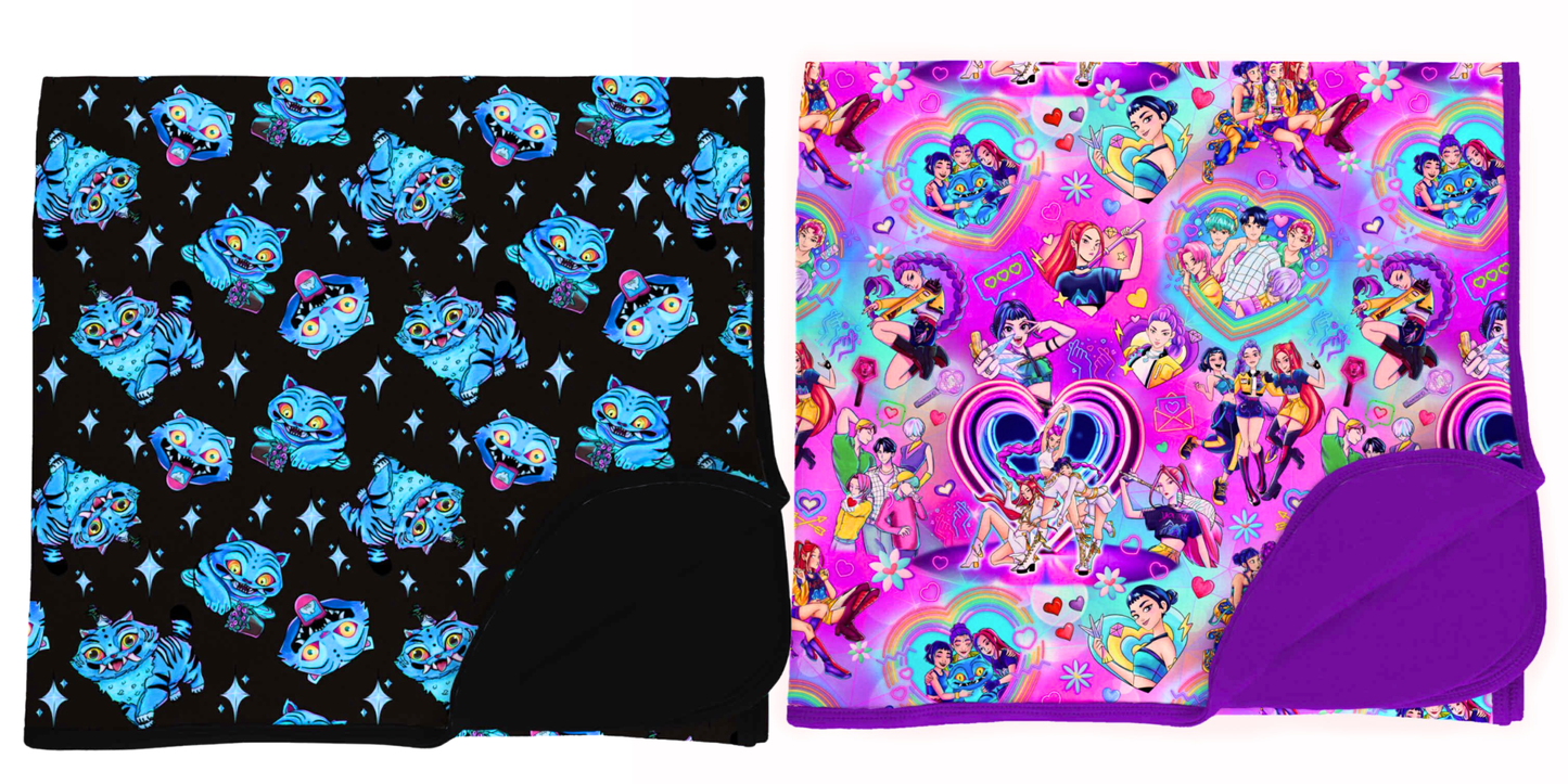 Kpop demon bamboo quilted blankets! Pick between Derpy or Huntrixxx bright colors or get both! Reversible! 3 sizes!