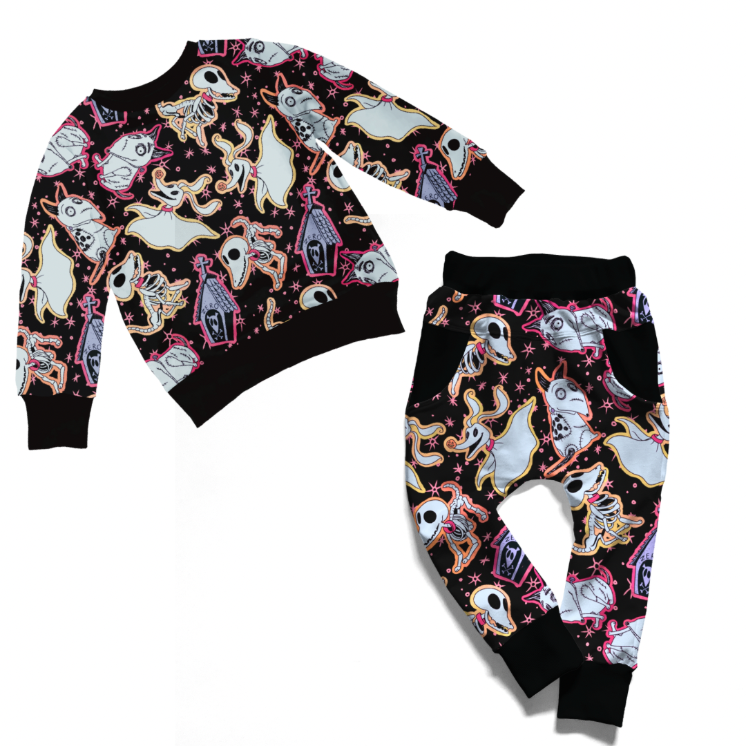 Ready to ship! Burton PUPS COZY Winter set! Undead Sidekicks Two Piece French Terry Oversized Joggers + Crew No So Scary!