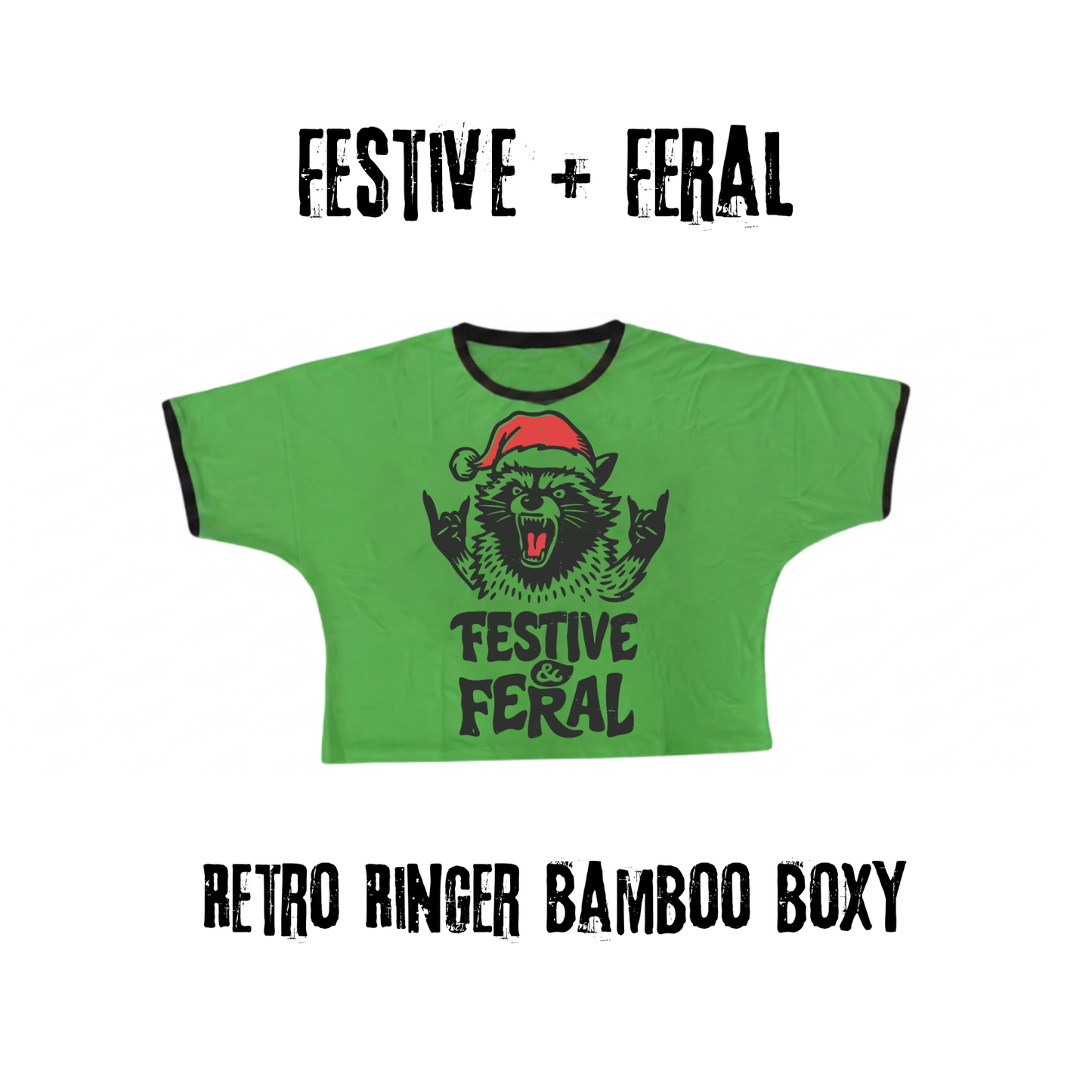 Adult + kids  - 1970s Green Feral and Festive Raccoon Punk Retro Ringer Bamboo Boxy Shirt! Not cropped!