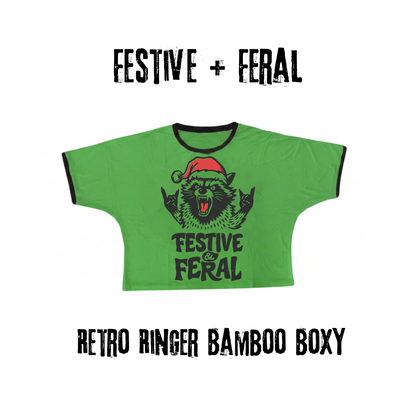 Adult + kids  - 1970s Green Feral and Festive Raccoon Punk Retro Ringer Bamboo Boxy Shirt! Not cropped!