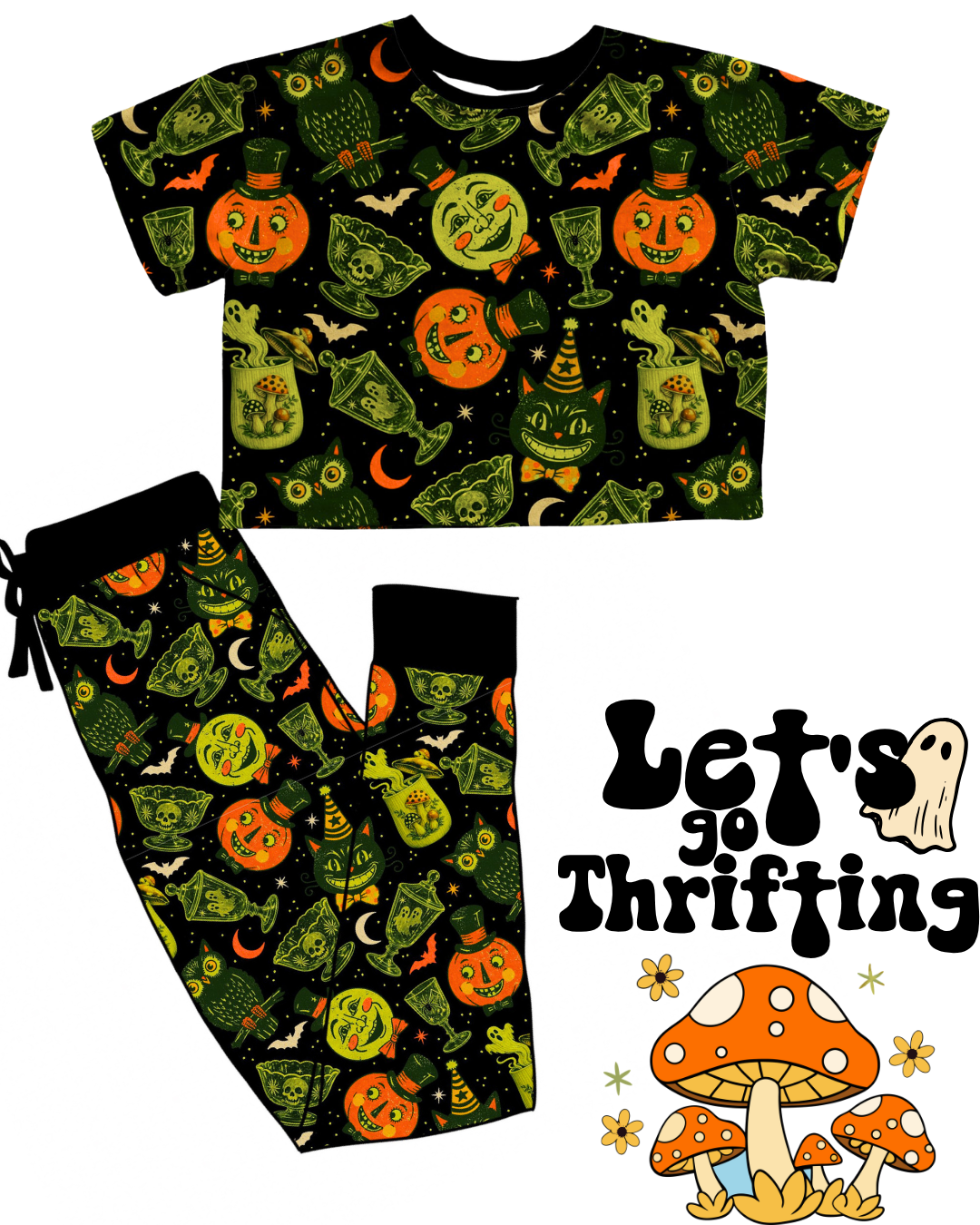 Adult Thriftcore Spooky Home Bamboo Boxy Shirts! Merry Mushroom + Vintage Halloween Magic!