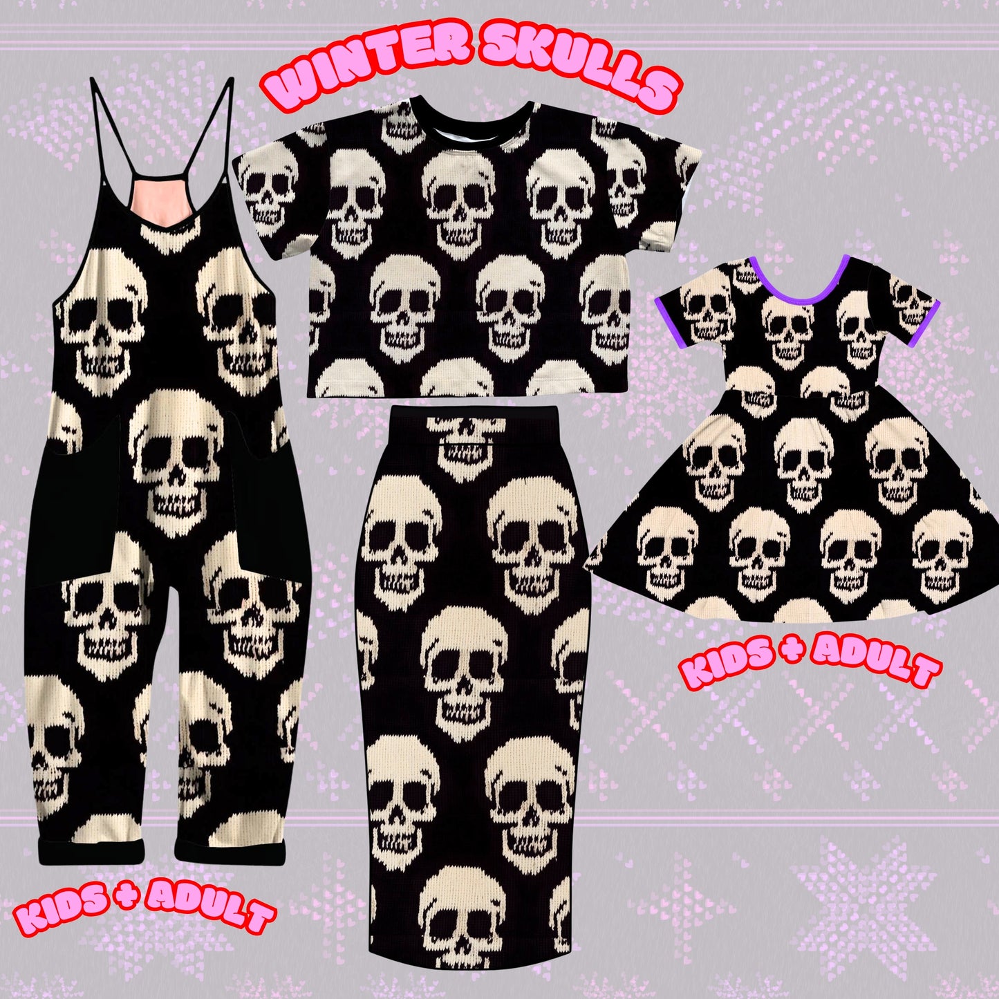 Adults + Kids Winter Large scale Skulls Overalls! Bamboo + Comfy! Layering piece!