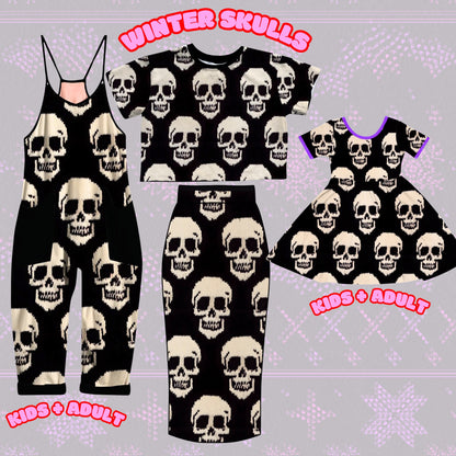 Adults + Kids Winter Large scale Skulls Overalls! Bamboo + Comfy! Layering piece!