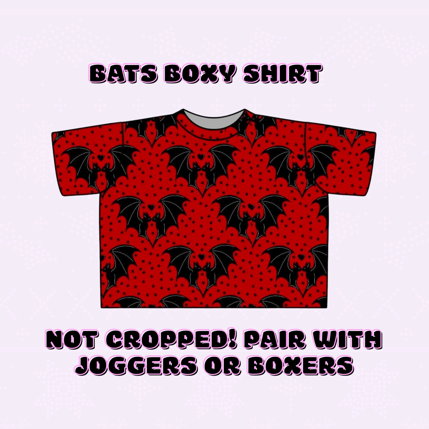 Adult + kids - Red and Black Lover Bats Boxy Bamboo Shirt! Black Trim- Oversized and Comfy!