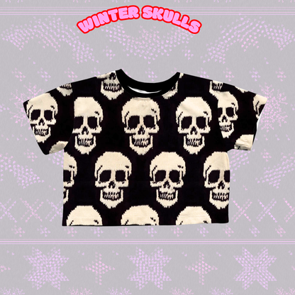 Adult + Kids- Punk Rock Knitted Skulls Boxy Shirts! Black + White + ALT BASICS! Not Cropped