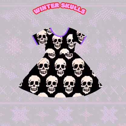 Kids + Adult--Punk Skulls Magical Bamboo Twirl Dress! Purple TRIM!