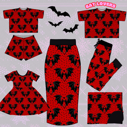 Adult-  NEW ITEM Bamboo Lovers Bats Red + Black Midi Skirt! Comfy + Yoga Waistband!