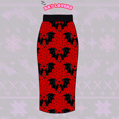 Adult-  NEW ITEM Bamboo Lovers Bats Red + Black Midi Skirt! Comfy + Yoga Waistband!