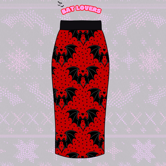 Adult-  NEW ITEM Bamboo Lovers Bats Red + Black Midi Skirt! Comfy + Yoga Waistband!