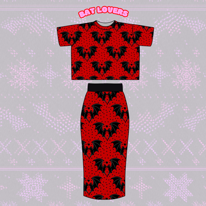 Adult-  NEW ITEM Bamboo Lovers Bats Red + Black Midi Skirt! Comfy + Yoga Waistband!