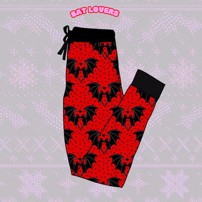 ADULT-- Spooky Bat Lover Bamboo Joggers! Black + Red - Spooky Day + Nightwear!