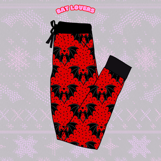 ADULT-- Spooky Bat Lover Bamboo Joggers! Black + Red - Spooky Day + Nightwear!