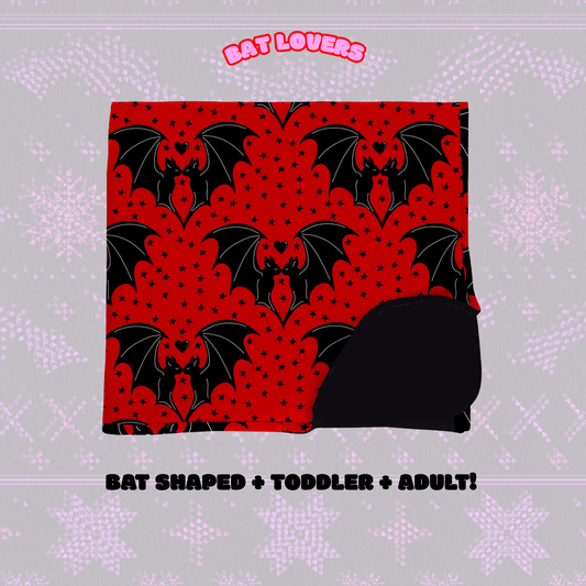 The Bat Lovers Bamboo 2.5 TOG quilted Blanket! Bat Shaped, Toddler and ADULT! Red + Black Bats!