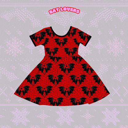 Kids + Adult--Red + Black Goth Girl Bat Lover Bamboo Twirl Dress!