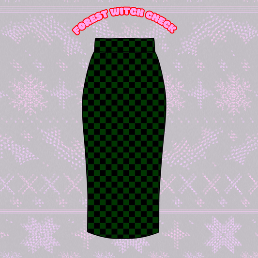 Adult-  NEW ITEM Forest Witchy Green +Black Check Midi Bamboo Skirt! Jewel Tones