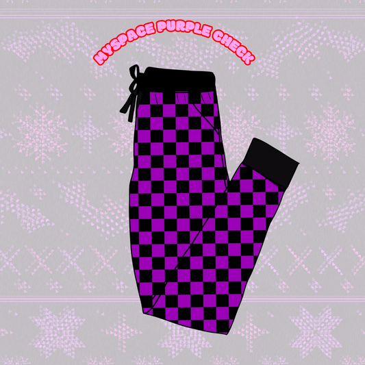 ADULT-- Neon Purple Check Bamboo Joggers! Perfect Basic with ALL boxy shirts! Alt + Punk Joggers