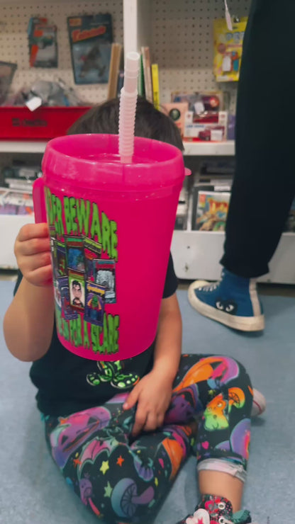 NEW PRODUCT! 90s Hot Pink "Youre in for a Scare" Retro BPA Free Plastic Traveler Mugs! Gooseeebumps