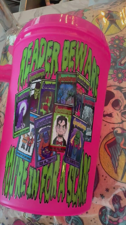 NEW PRODUCT! 90s Hot Pink "Youre in for a Scare" Retro BPA Free Plastic Traveler Mugs! Gooseeebumps