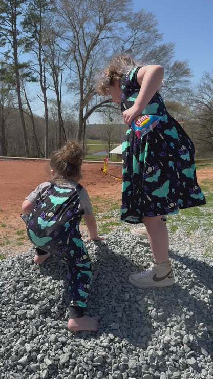 NEW Ready to Ship--Adult + Kid-- Light the Way Lunar Moth + Bee Witchy Black and Teal Bamboo Twirl Dress!
