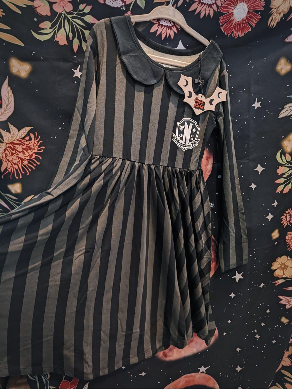 Ready to Ship--Adult + Kid-- Spooky Season NeverMore Gothic Striped Weds Twirl Dress! Logo! Black + Gray Stripes!